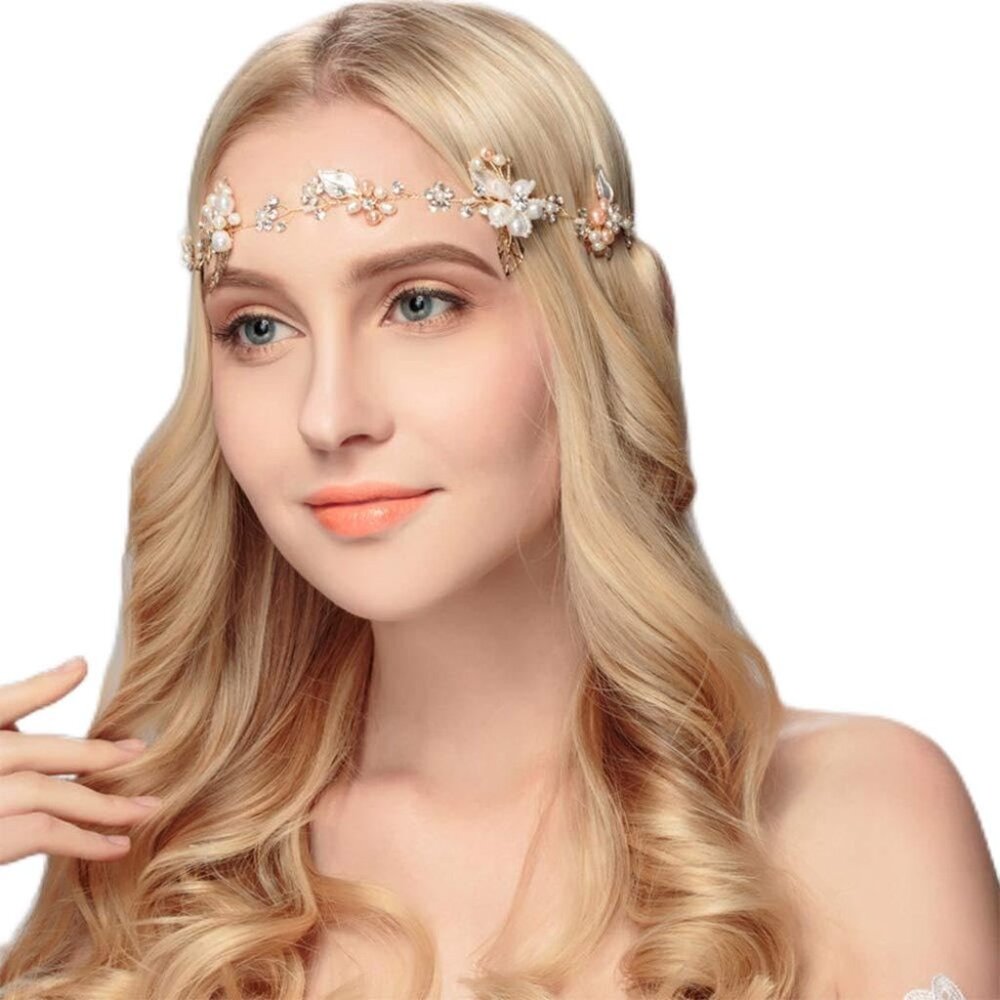 Bridal Flower and Leaf Head Chain Pearl and Crystal Headpiece for Bridesmaid Bri